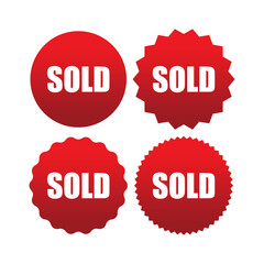 Sold label icon. Red sticker badges. Vector sale symbols. White bold text.