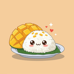 A cute cartoon of mango sticky rice smiles on a plate.