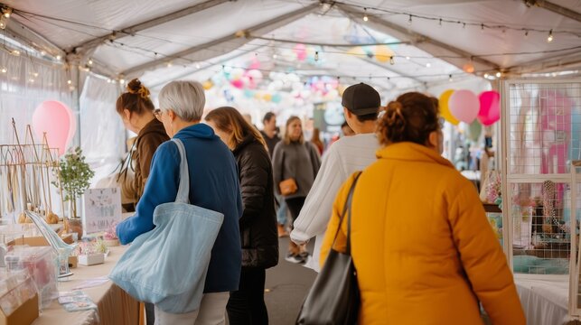Vibrant market atmosphere filled with shoppers exploring unique local crafts at an indoor fair in the late afternoon