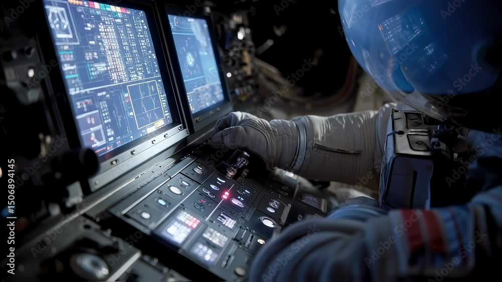 Poster professional astronaut wearing spacesuit working on a control panel inside a spacecraft orbiting ear