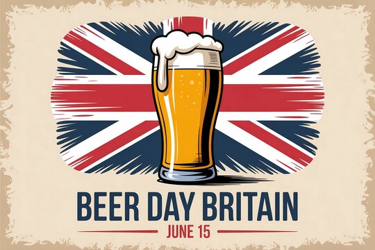A beer day britain poster with a pint of beer and the union jack flag in the background