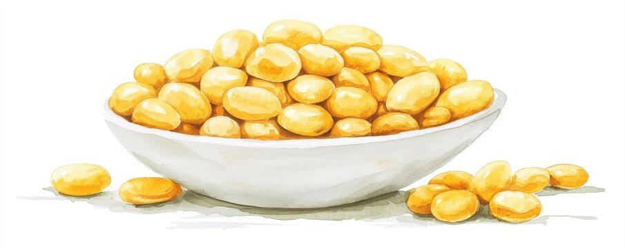 set yellow eye beans in bowl, watercolor style, on white background