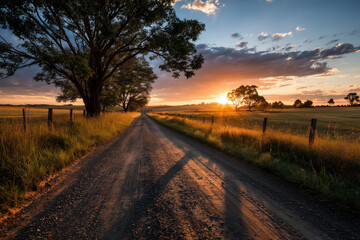 Country Road Through Green Fields at Sunset - Rural Landscape Scene