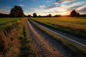 Country Road Through Green Fields at Sunset - Rural Landscape Scene