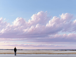 Solitude in the Vast Expanse: A solitary figure stands facing away, gazing towards a breathtaking pastel sky filled with fluffy clouds, creating a sense of awe, contemplation, and tranquility.