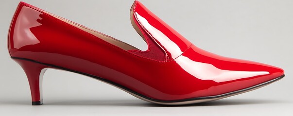 Elegant red women court shoes with a glossy surface and pointed toe, captured on a neutral gray background with gentle lighting,