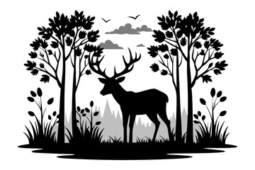 Deer Silhouette in Forest Graphic Landscape with Trees and Birds