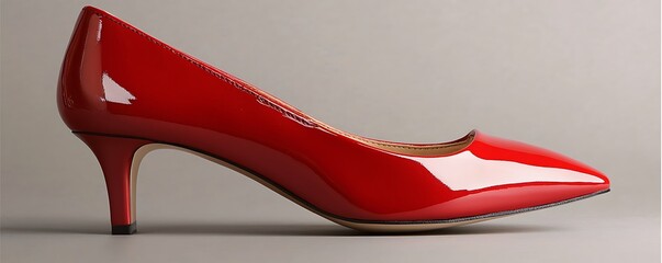 Elegant red women court shoes with a glossy surface and pointed toe, captured on a neutral gray background with gentle lighting,