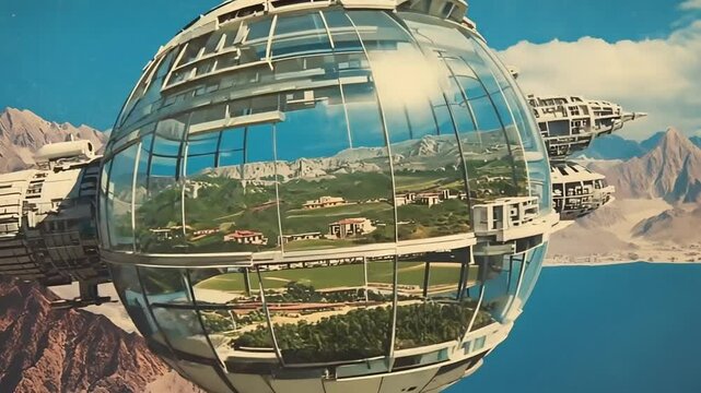 Futuristic mirrored biosphere orbiting barren desert planet in retro collage style