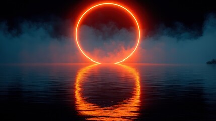 Glowing Orange Circle Reflected on Calm Water Surface at Dusk