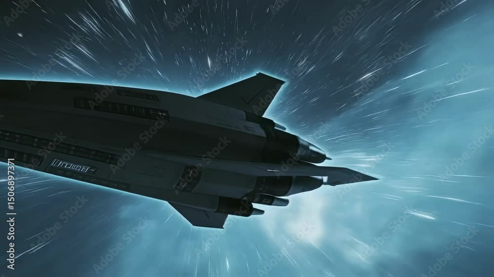 Wall mural advanced spaceship navigating through a wormhole, experiencing intense gravitational forces and ligh