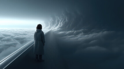 Fototapeta premium Journey into the Unknown: A solitary figure stands at the edge of a cloud-shrouded path, gazing into an ethereal expanse, capturing the spirit of exploration and contemplation.