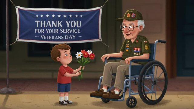 Heartwarming Veterans Day Cartoon Illustration: Child Honors Veteran With Flowers