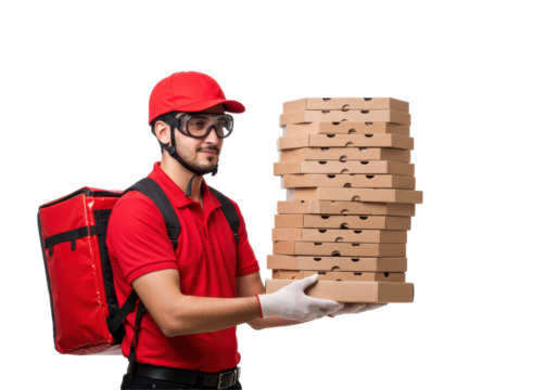 Isolated Pizza Delivery Man Holding Stack of Pizza Boxes