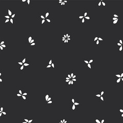 Seamless floral surface pattern with white flower elements on charcoal grey background. ideal for gift wrap, wall art, fabric print, minimal surface decoration.