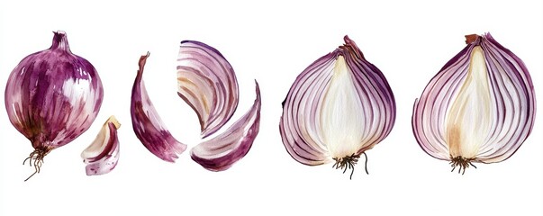 set grilled onion pieces top view, watercolor style, on white background
