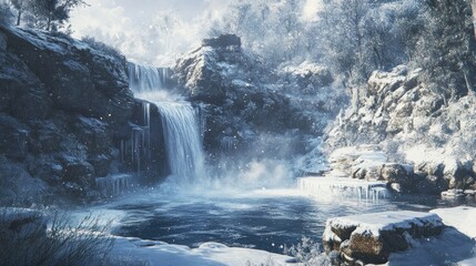 Snowy Waterfall Landscape