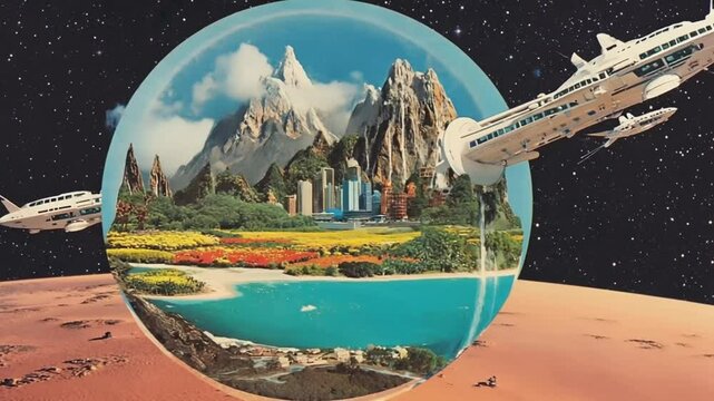 Futuristic dome city orbiting a red desert planet with mountains and crystal blue water