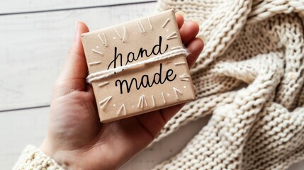 Naklejka premium Handmade gift wrapped in natural linen fabric with kraft paper label held in woman hands