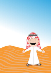 Arabian Cartoon Character Welcomes You to the Desert. EPS10 vector illustration. Editable clip Art.