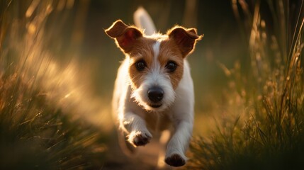 Obraz premium Jack Russel terrier dashing through grass, pure joy in golden light
