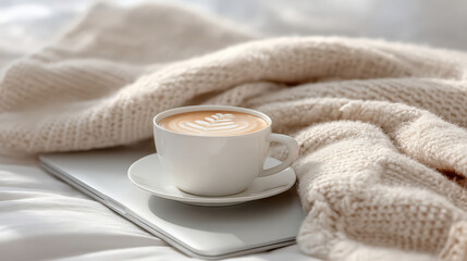 Serene Morning Ritual: A cup of cappuccino rests serenely on a laptop, cradled by a cozy knitted garment, bathed in soft, natural light, exuding warmth and tranquility.