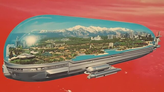Streamlined futuristic city dome flying over Mars-like terrain in retro sci-fi style