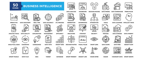 50 Business Intelligence icon set. Containing design business, technology, data, intelligence, analysis	