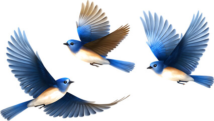 Obraz premium Three Blue Birds In Flight With Black isolated on white background PNG