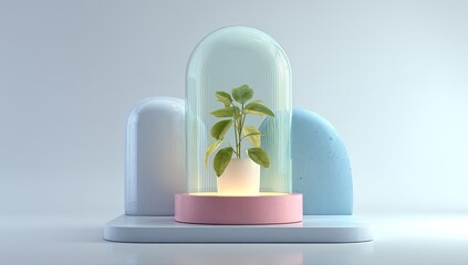 Minimalist 3D render of a potted plant under a glass dome on a pastel platform
