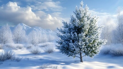 Frost-covered evergreen tree in a tranquil snow-covered winter landscape