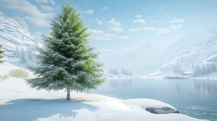 Frost-covered evergreen tree in a tranquil snow-covered winter landscape