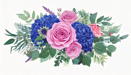 Fototapeta premium Classic blue rose, pink hydrangea, ranunculus, dahlia, thistle flowers, emerald greenery and.jpg
