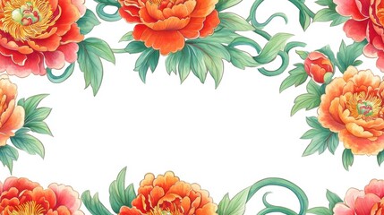 Fototapeta premium peony blooms arranged in a graceful eastern scrollwork motif, watercolor style