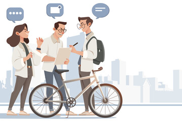 Digital Nomad Exploring New City with Bike, Backpack, and Laptop. Flat Vector Illustration
