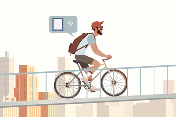 Digital Nomad Biking Through City Street with Backpack and Laptop. Flat Vector Illustration