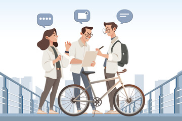 Digital Nomad Exploring New City with Bike, Backpack, and Laptop. Flat Vector Illustration