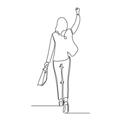 Continuous line drawing of happy young business woman holding briefcase suitcase money case. Single one line sketch editable stroke art of office worker. Vector illustration