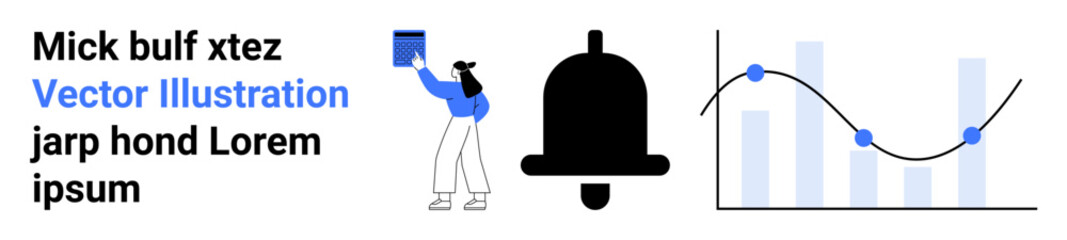Stylized woman managing notifications near large bell icon and chart. Ideal for analytics, alerts, data trends, communication, workflow, presentation, simple landing page