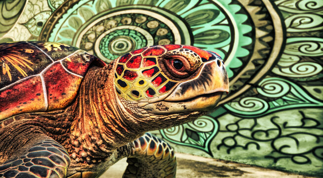 An abstract and artistic depiction of a turtle in close-up on a mandala-patterned wall background.