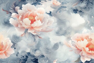 delicate watercolor peonies with swirling oriental motifs and cloud patterns in a seamless design, watercolor style