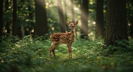 Fawn Standing in Forest Sunlight