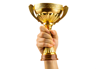  victory golden cup in male hand isolated on white background PNG