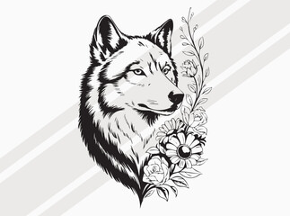 Wolf with Floral, Wolf with Flowers, Wolf Face Floral, Wolf Boho Art, Wolf Line art Black vector Silhouette and Daisies Illustration