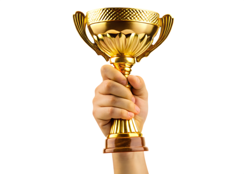  victory golden cup in male hand isolated on white background PNG