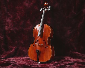 Glossy cherry wood cello standing upright on a deep burgundy velvet background