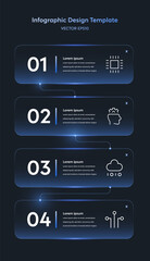 Vertical Linear Infographic Tech Template with Minimal Neon Gradient Elements. UI Interface Linear Layout 4 Step Connecting Node feathering AI Data Analysis Semiconductor Icons Technology Report.