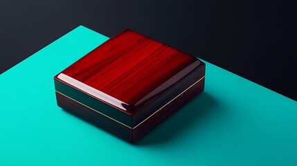 Glossy mahogany caj?^3n placed on a high-contrast teal and black background
