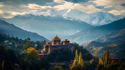 Fototapeta premium Spiritual retreat in a Himalayan monastery surrounded by mountains