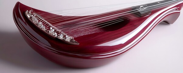 Glossy cherry wood lyre highlighted on a pastel violet theme